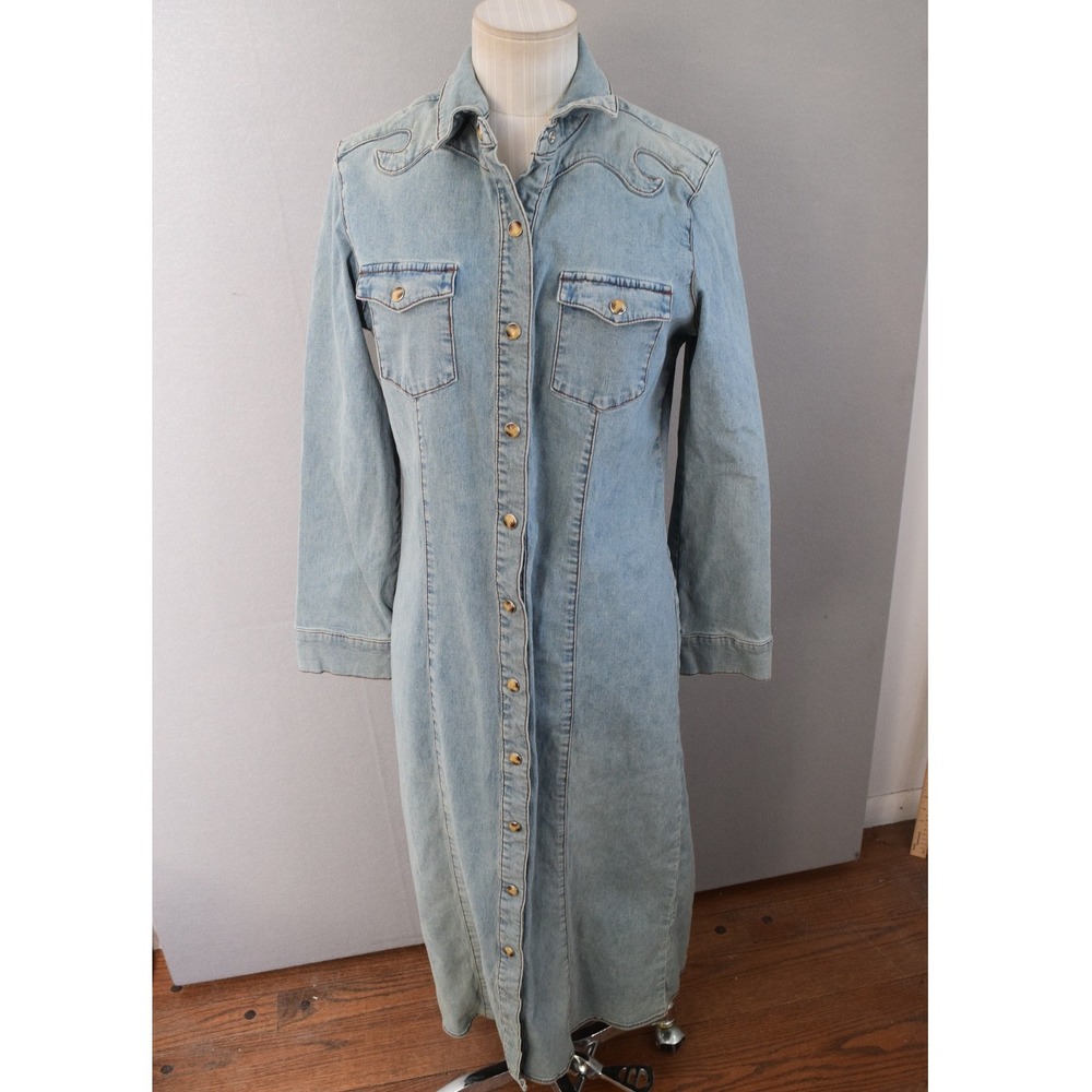 Isabelle Bird Denim Maxi Dress 8 Light Wash Western Scroll Yoke Women Y2K Rodeo